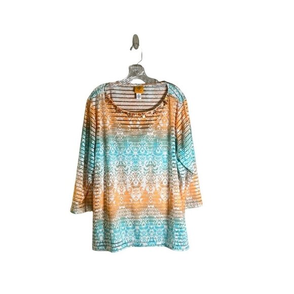 Ruby Rd Tops - Ruby Rd Women's Beaded Cut Out Geometric Pattern Top Size 1X Teal & Orange